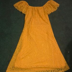 off-the-shoulder yellow lace dress